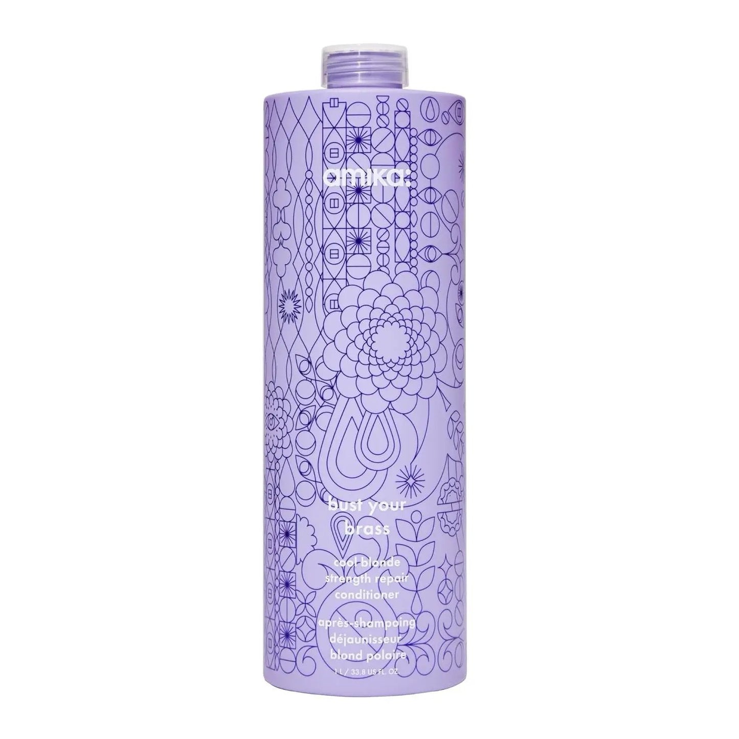 Amika Bust Your Brass Cool Blonde Strength Repair Conditioner bottle with purple pattern on Tampa Home & Garden Store