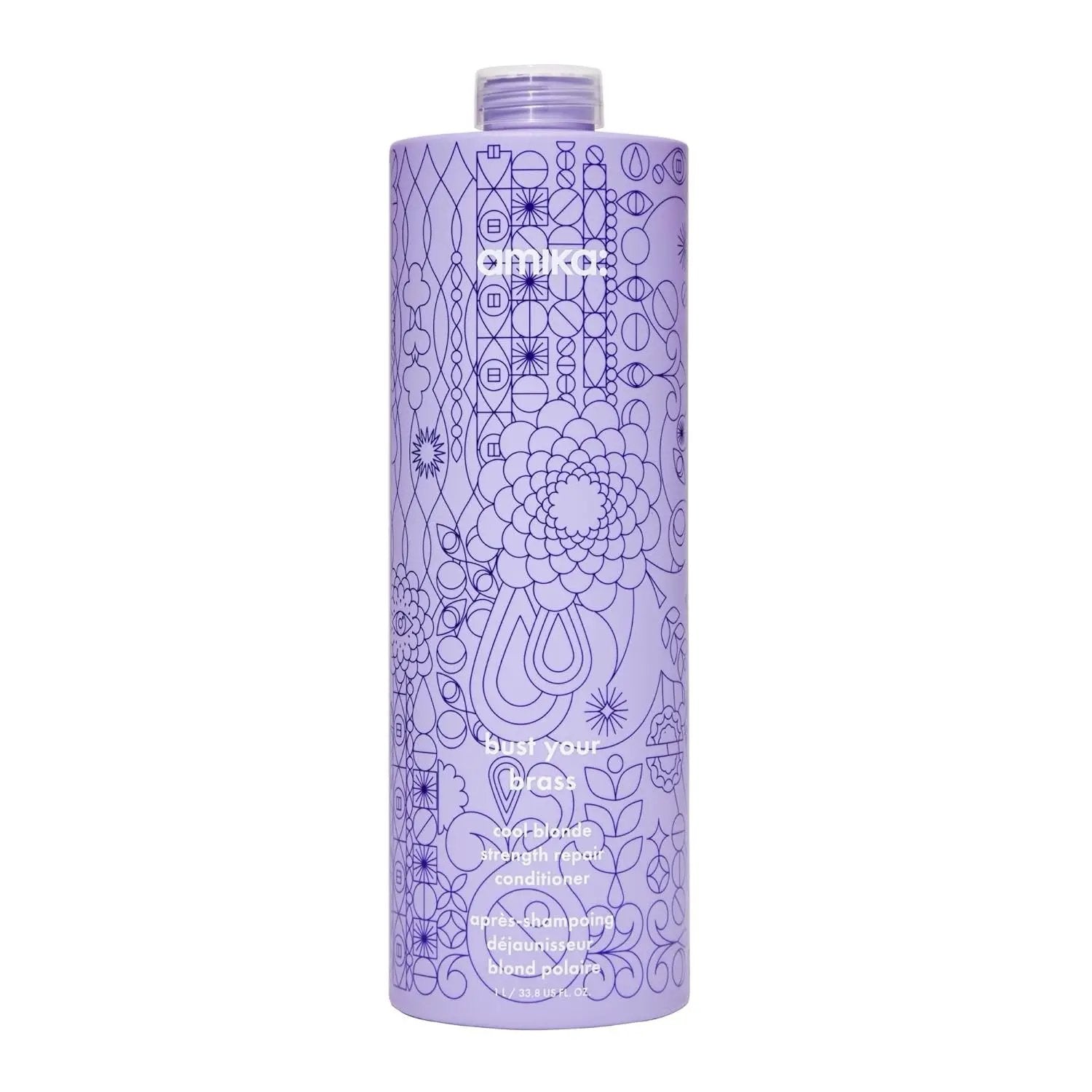 Amika Bust Your Brass Cool Blonde Strength Repair Conditioner bottle with purple pattern on Tampa Home & Garden Store