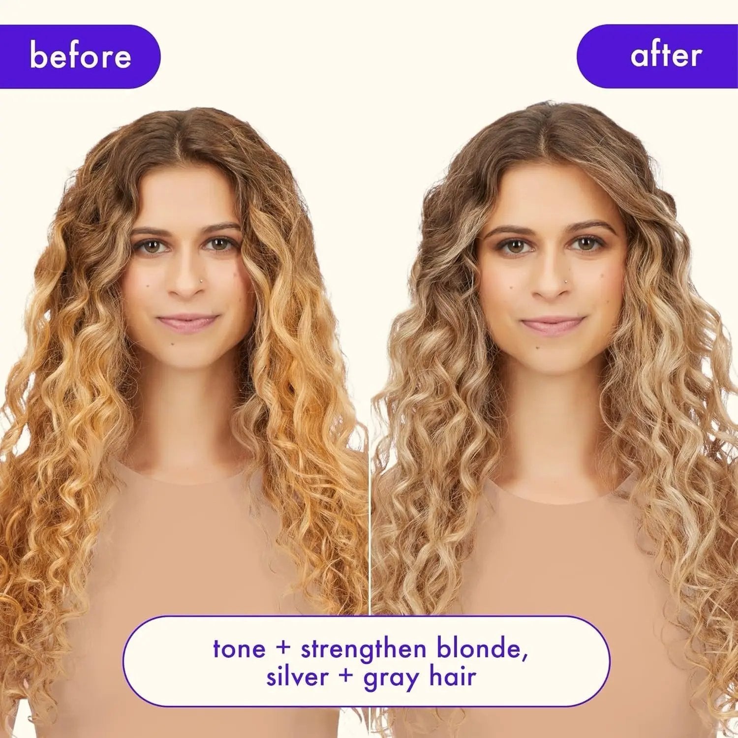 Amika Bust Your Brass Cool Blonde Conditioner split image cooler blonde tones on hair on Tampa Home & Garden Store