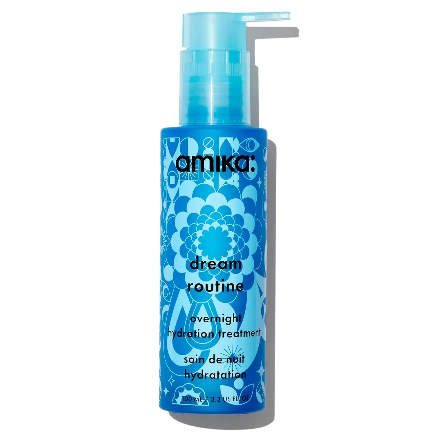 Amika Dream Routine overnight hydrating hair mask 100 mL blue patterned bottle with pump on Tampa Home & Garden Store