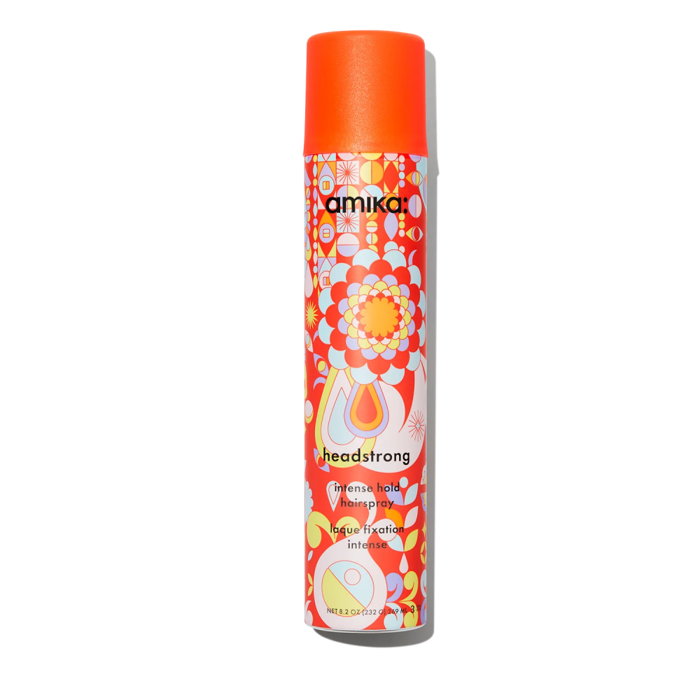 Amika Headstrong Intense Hold Hairspray 8.2 oz can with orange cap and psychedelic pattern on Tampa Home & Garden Store