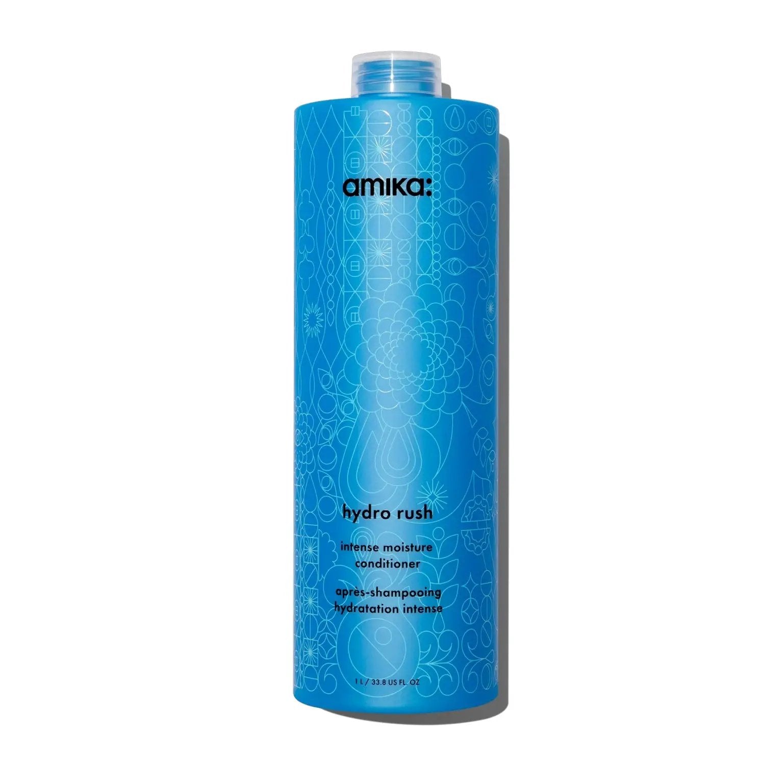 Amika Hydro Rush conditioner blue bottle with black logo and geometric patterns on Tampa Home & Garden Store
