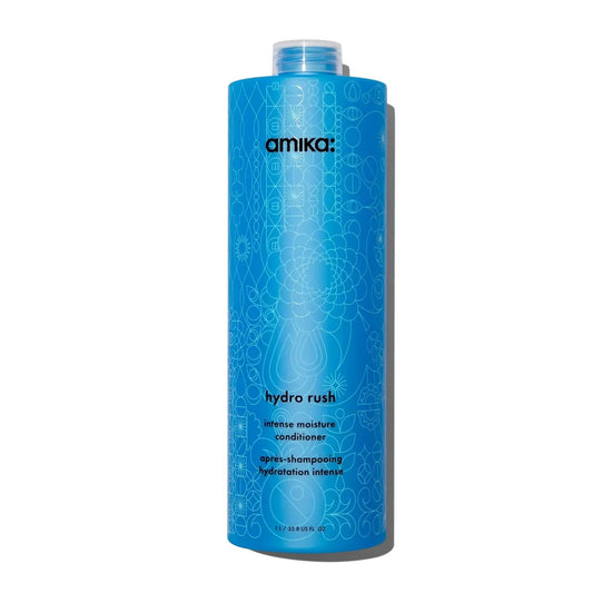 Amika Hydro Rush conditioner blue bottle with black logo and geometric patterns on Tampa Home & Garden Store
