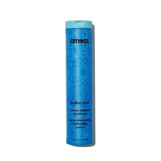 Amika hydro rush intense moisture conditioner bottle in blue with hyaluronic acid on Tampa Home & Garden Store