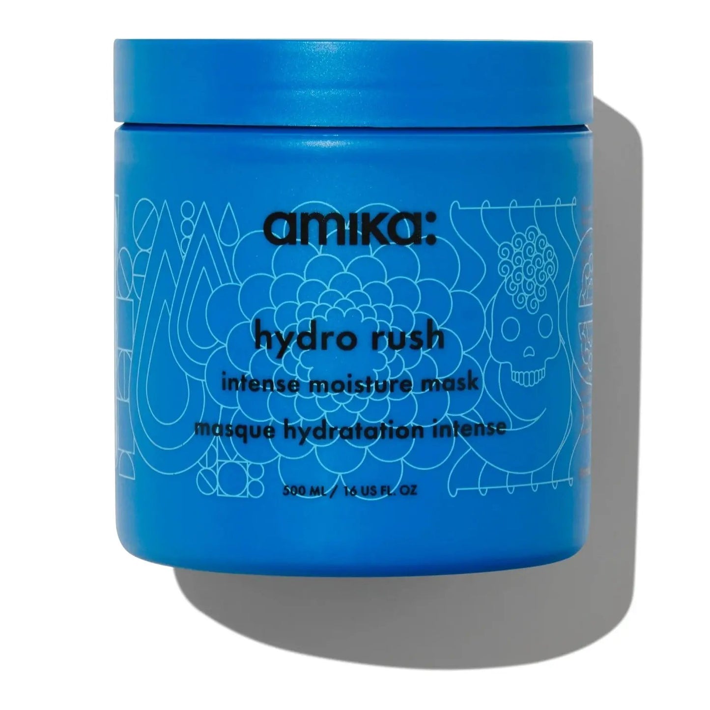 Amika Hydro Rush Intense Moisture Hair Mask jar, blue container with white floral line art on Tampa Home & Garden Store