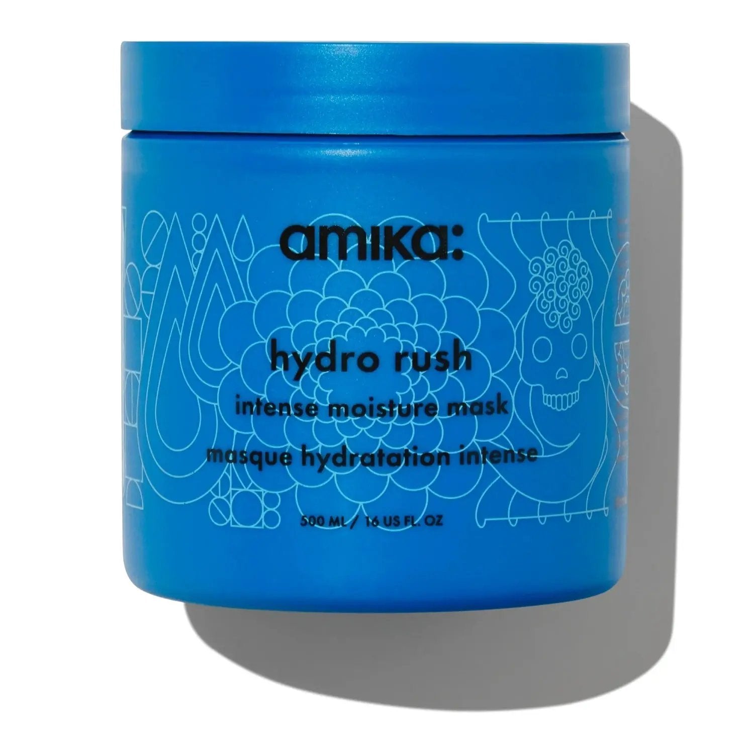 Amika Hydro Rush Intense Moisture Hair Mask jar, blue container with white floral line art on Tampa Home & Garden Store