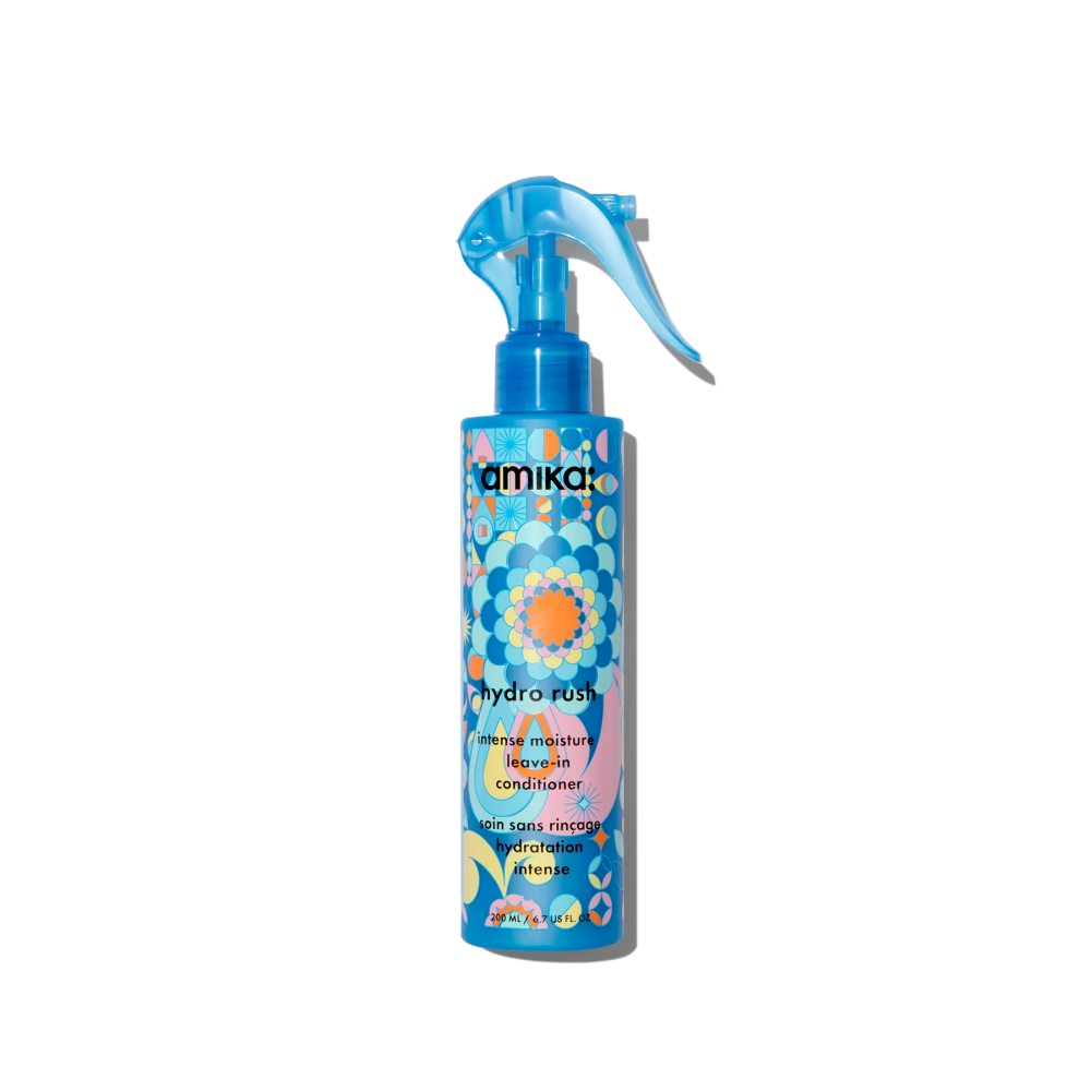 Amika Hydro Rush Intense Moisture Leave-In Conditioner spray bottle, blue floral design, 6.7 oz on Tampa Home & Garden Store