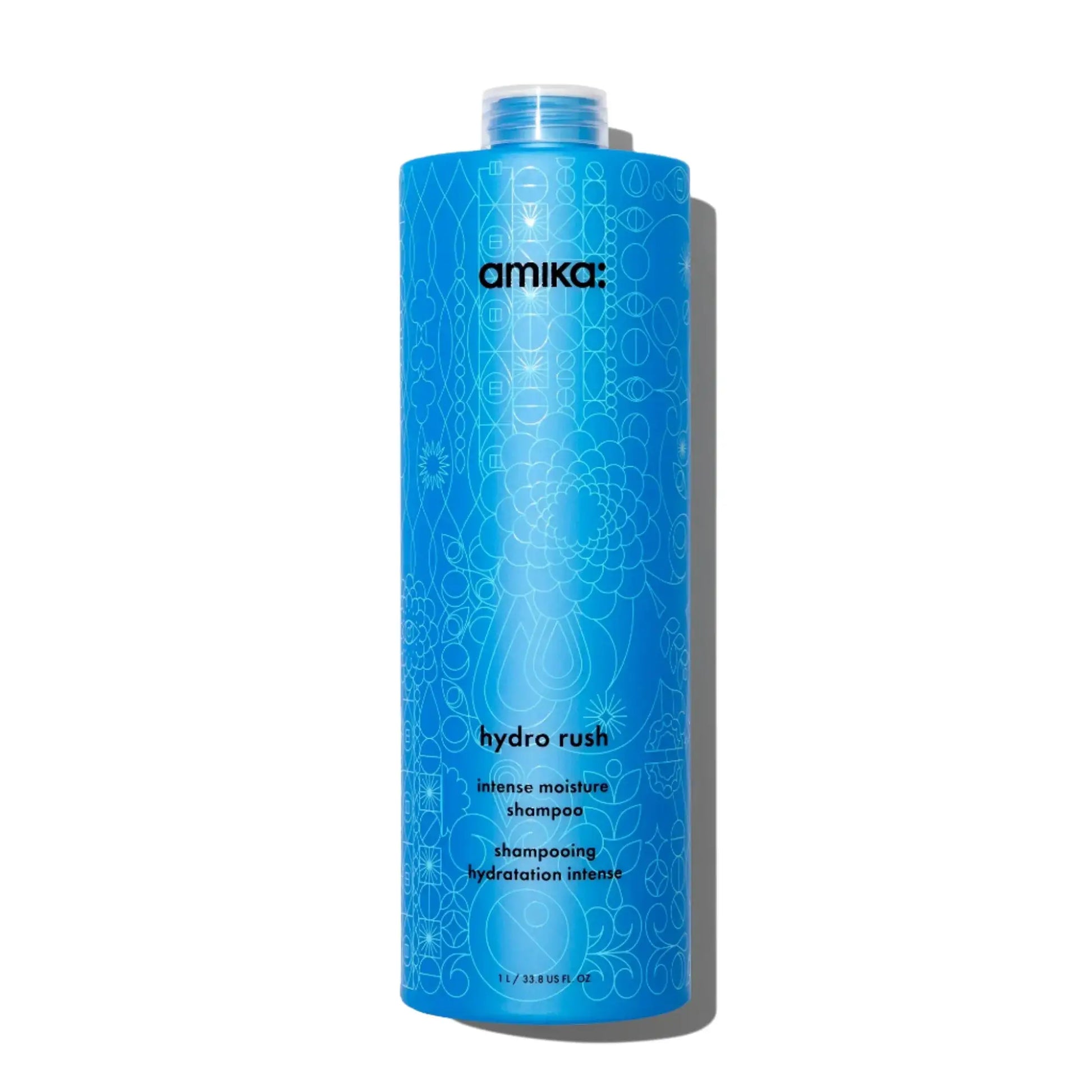 Amika Hydro Rush Intense Moisture Shampoo blue bottle with white geometric pattern amika logo on Tampa Home & Garden Store