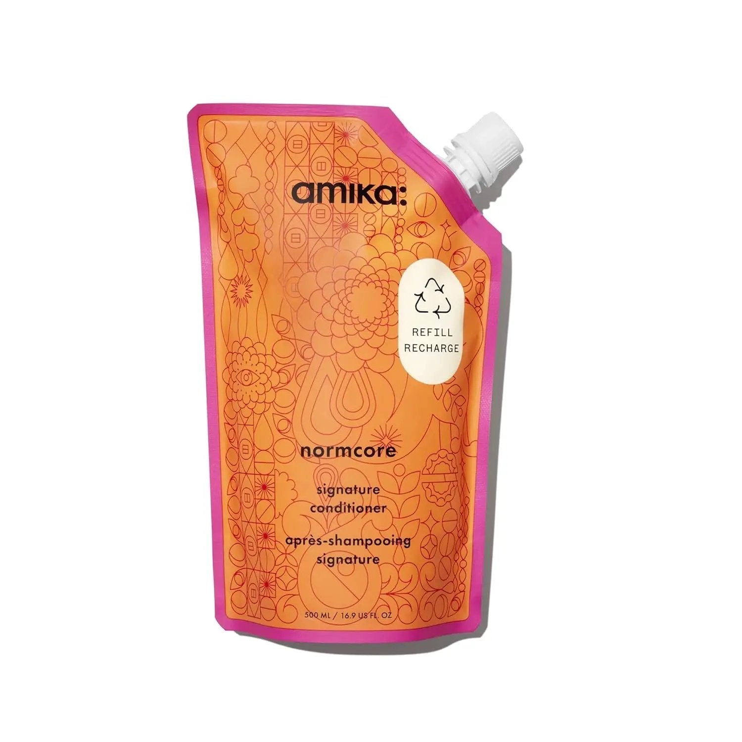 Amika Normcore Hydrating Conditioner refill pouch, orange with pink trim and white cap on Tampa Home & Garden Store