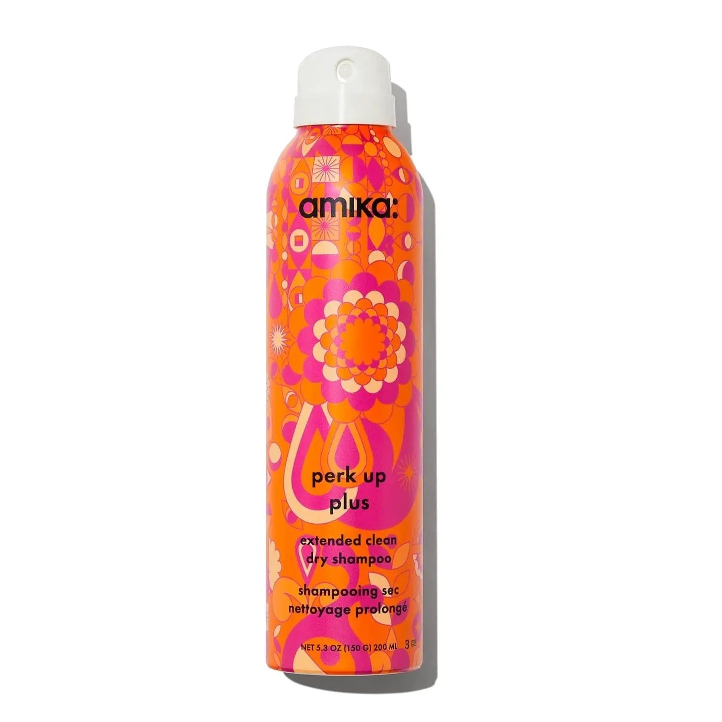 Amika Perk Up Plus Extended Clean Dry Shampoo bottle with orange pink pattern and white cap on Tampa Home & Garden Store