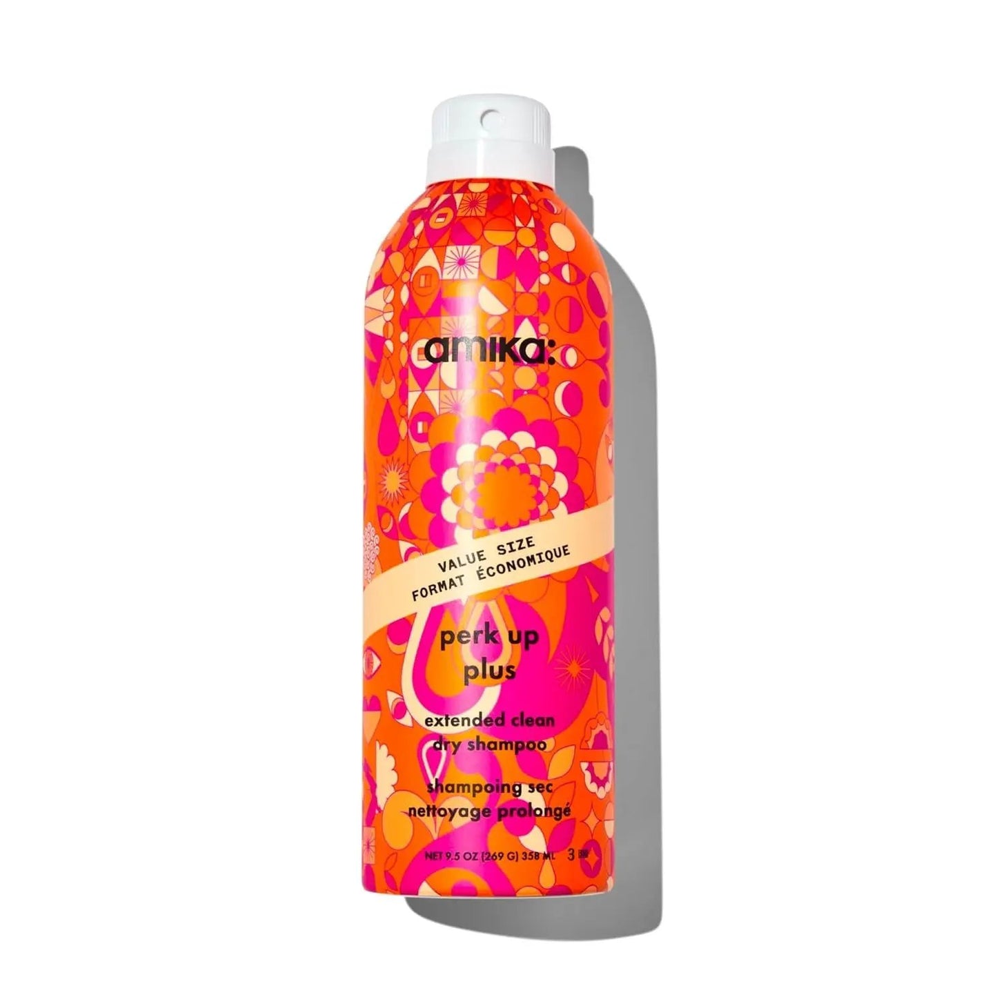 Amika Perk Up Plus Extended Clean Dry Shampoo bottle in bright orange-pink pattern on Tampa Home & Garden Store