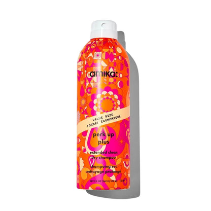 Amika Perk Up Plus Extended Clean Dry Shampoo bottle in bright orange-pink pattern on Tampa Home & Garden Store