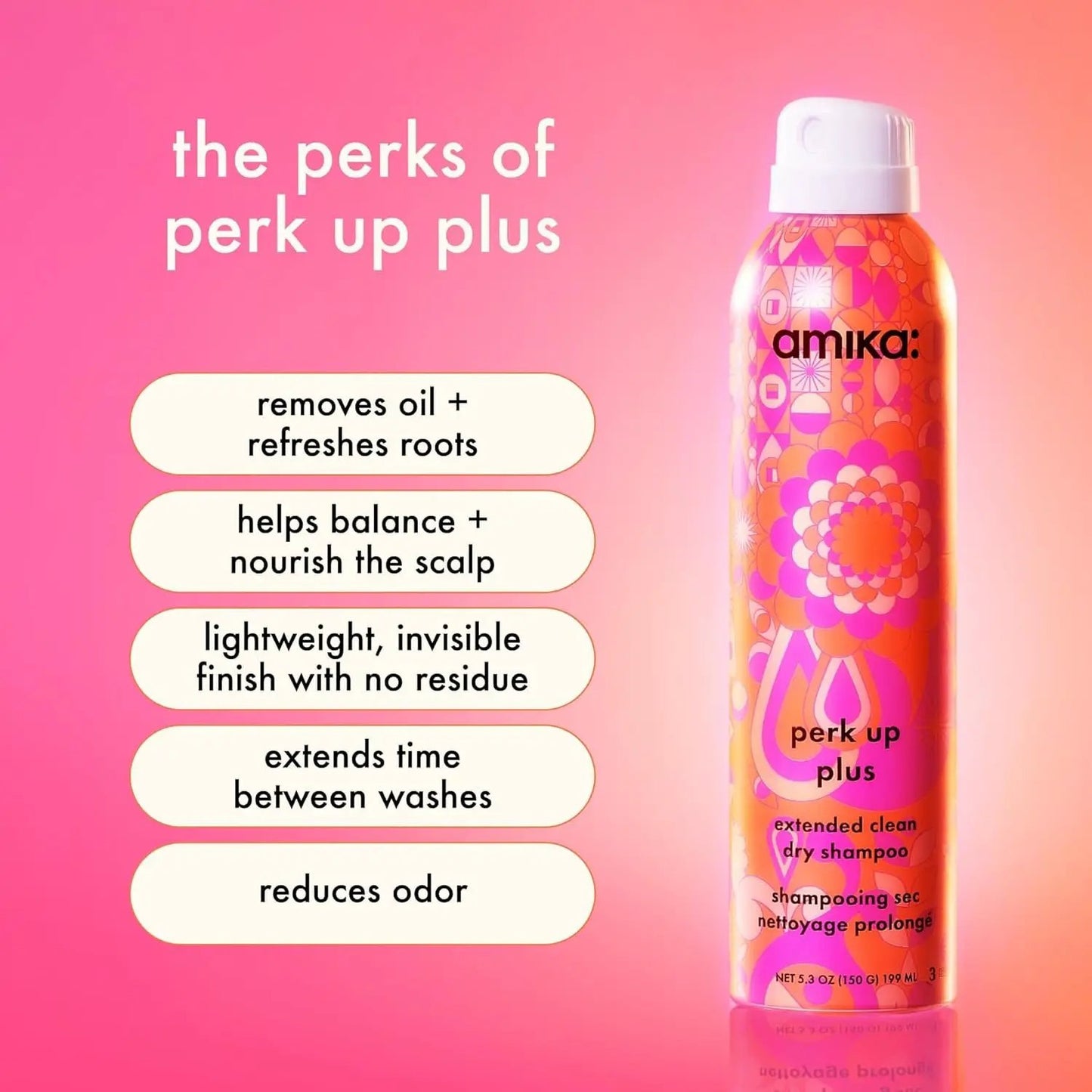 Amika Perk Up Plus Extended Clean Dry Shampoo bottle with pink-orange paisley design on Tampa Home & Garden Store