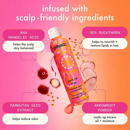 Amika Perk Up Plus Extended Clean Dry Shampoo bottle with pink-orange floral pattern and white cap on Tampa Home & Garden Store