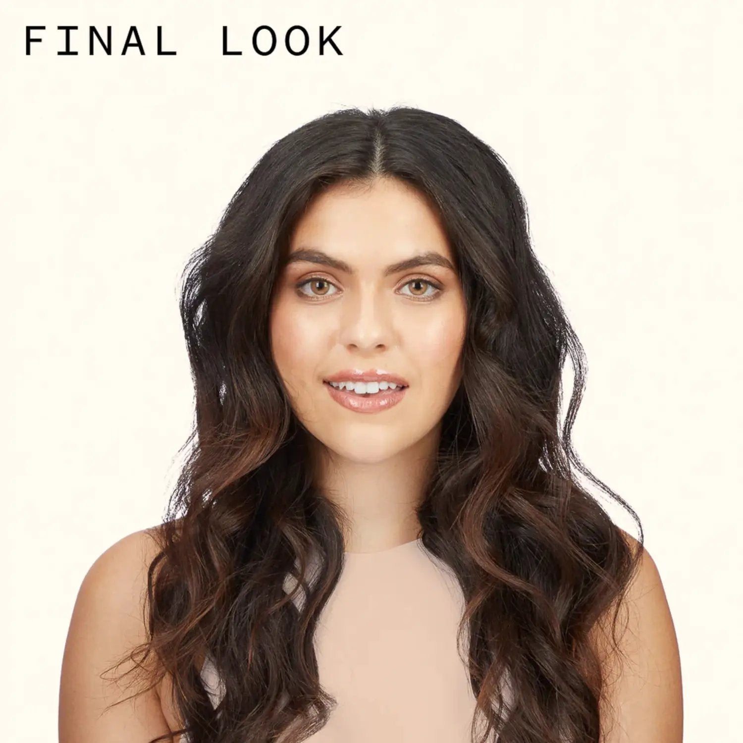 Amika Plus Size Perfect Body Mousse model with long, wavy dark hair on Tampa Home & Garden Store