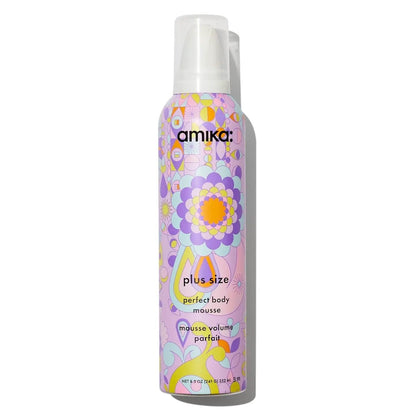 amika plus size perfect body mousse can with pastel purple and pink psychedelic pattern on Tampa Home & Garden Store