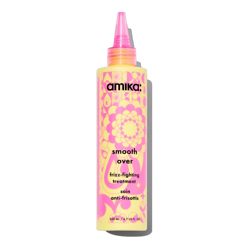 Amika Smooth Over frizz-fighting treatment mask bottle with pink-yellow packaging 6.7 oz on Tampa Home & Garden Store