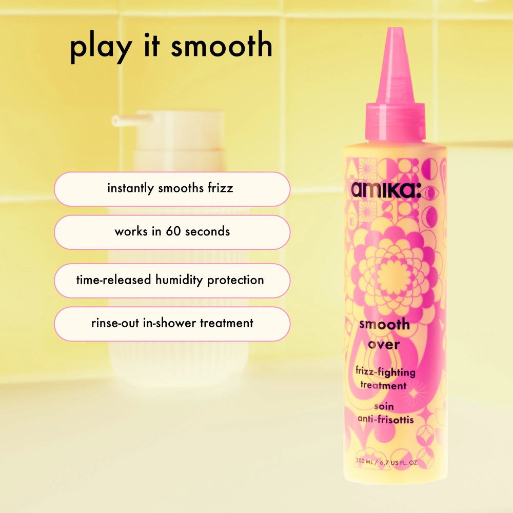 Amika Smooth Over Frizz-Fighting Treatment bottle in pink floral design, 6.7 oz on Tampa Home & Garden Store