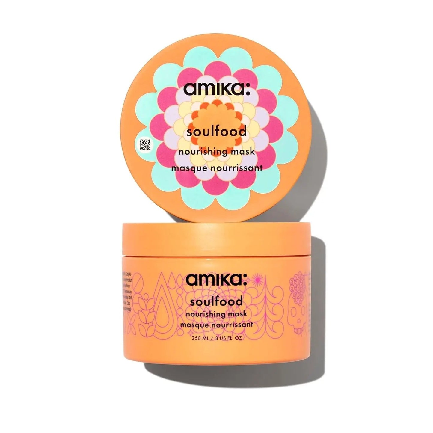 Amika Soulfood Nourishing Mask orange jar with vibrant multi-color floral lid, hair care by Amika on Tampa Home & Garden Store