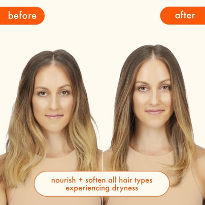 Before and after hair shows silky strands after Amika Soulfood Nourishing Mask by Nava Beauty on Tampa Home & Garden Store