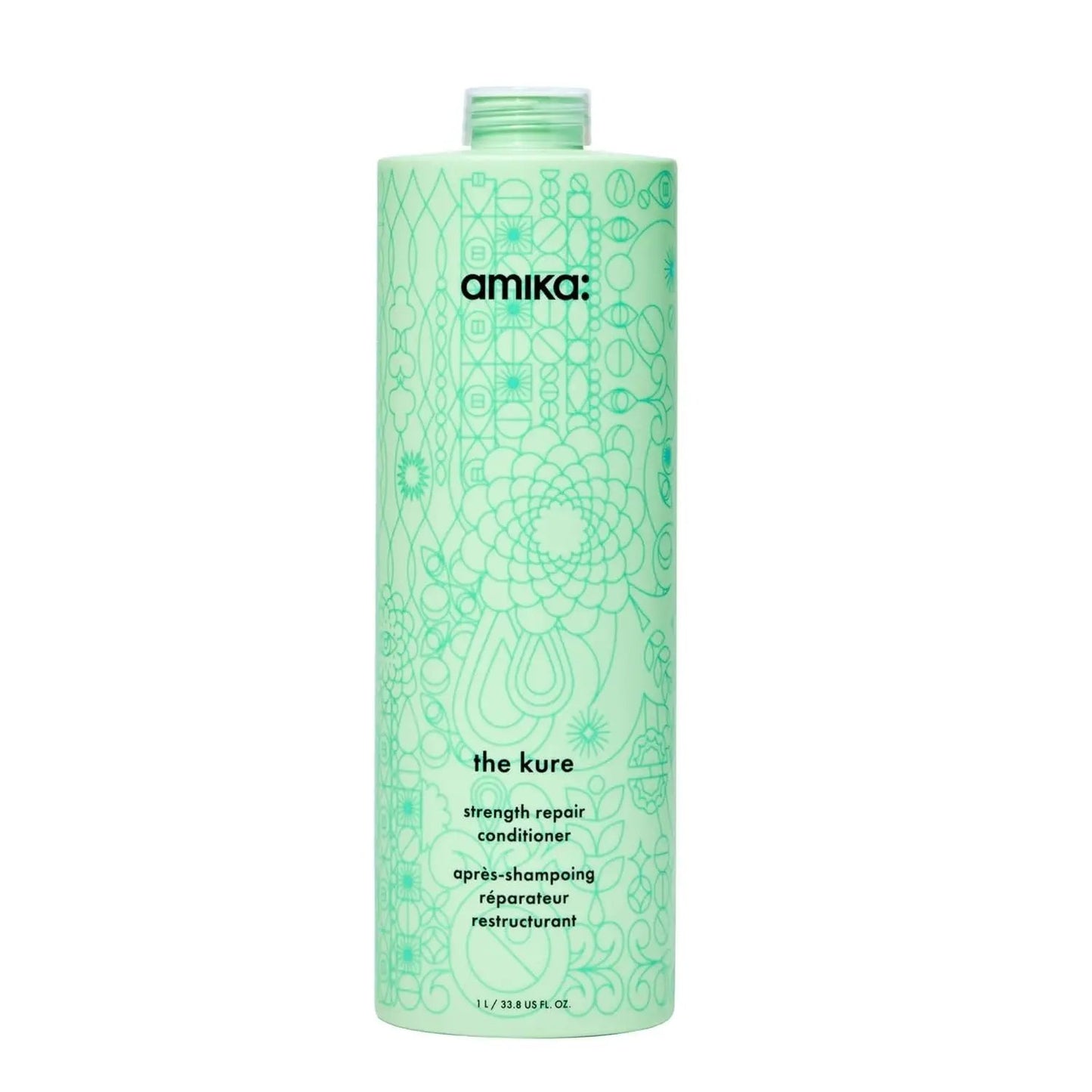 Amika The Kure Strength Repair Conditioner bottle in mint green with decorative geometric print on Tampa Home & Garden Store