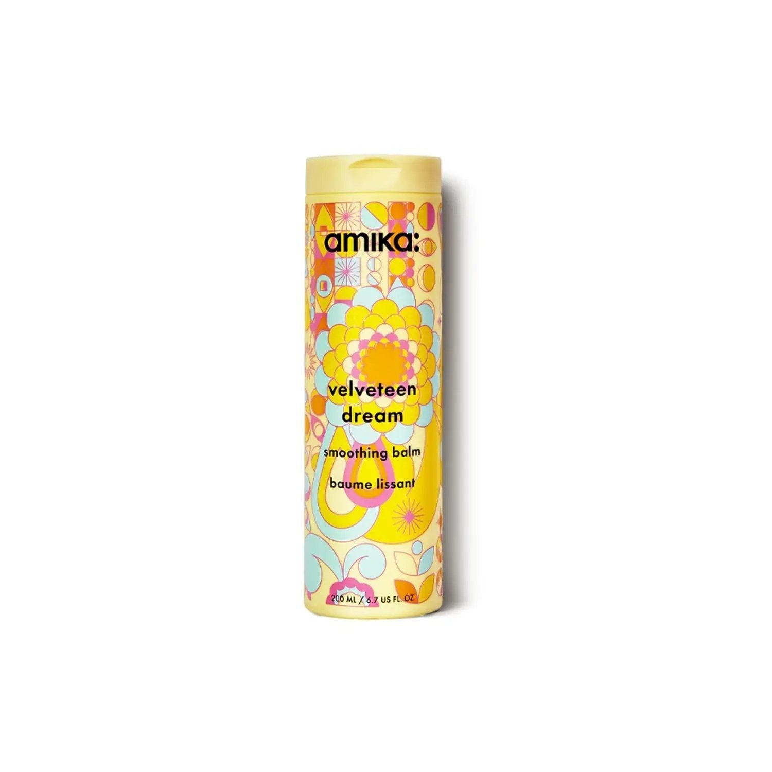 Amika Velveteen Dream smoothing balm 6.7 oz hair styling product in a bright yellow psychedelic patterned bottle on Tampa Home & Garden Store