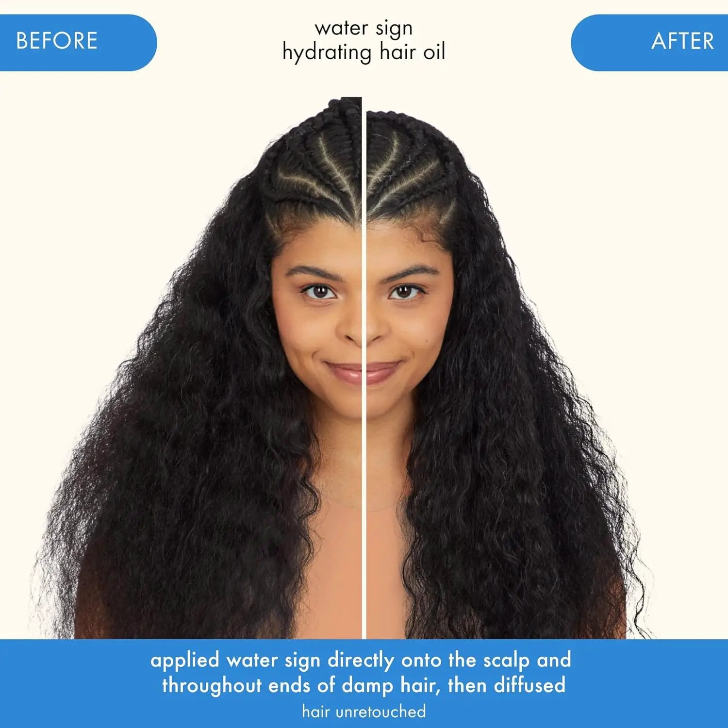 Water Sign Hydrating Hair Oil with Hyaluronic Acid beforeafter split image of curls on Tampa Home & Garden Store