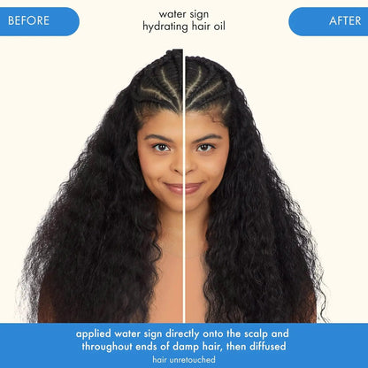 Water Sign Hydrating Hair Oil with Hyaluronic Acid beforeafter split image of curls on Tampa Home & Garden Store