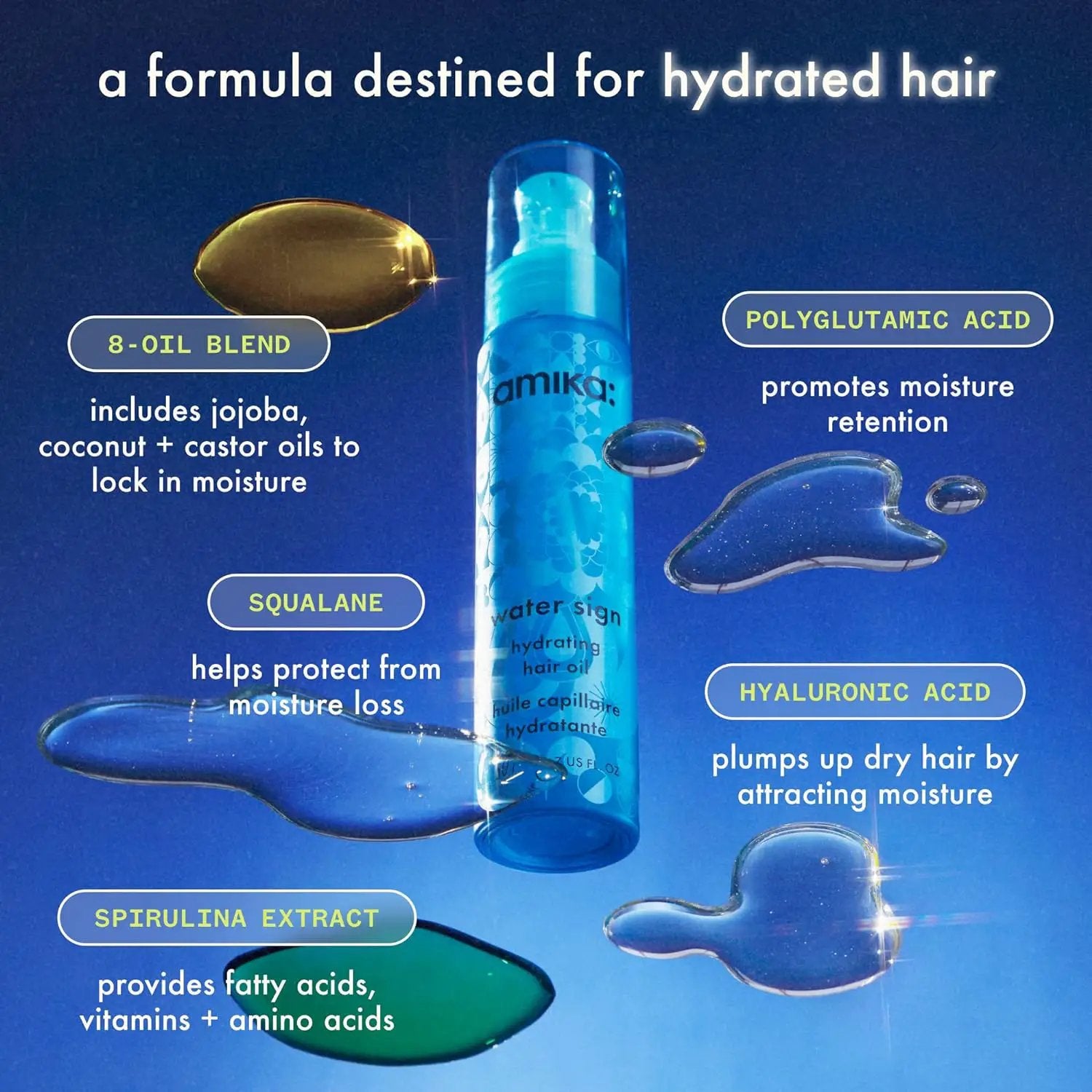 Amika Water Sign Hydrating Hair Oil bottle, blue 1.7 oz with 8-oil blend and hyaluronic acid on Tampa Home & Garden Store