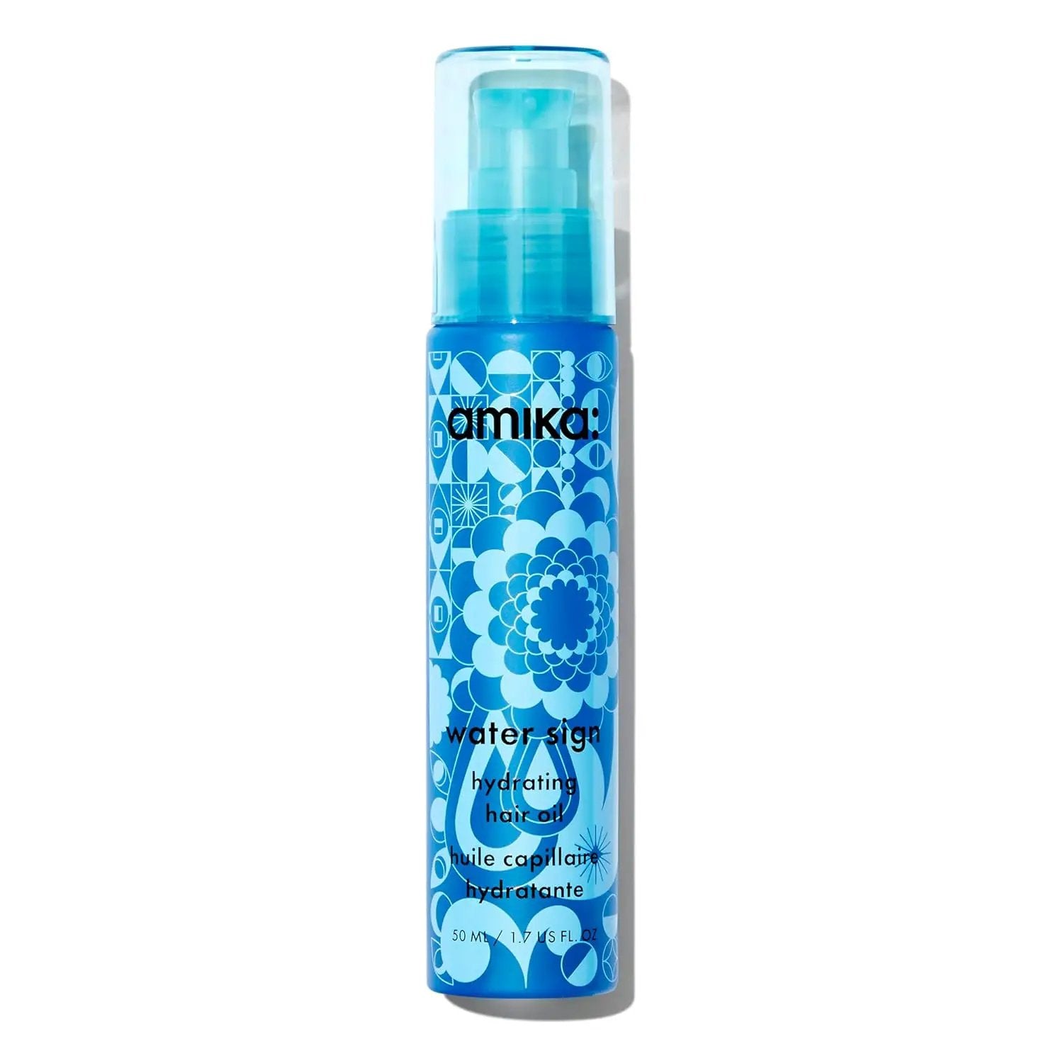Amika Water Sign Hydrating Hair Oil bottle with blue geometric pattern and pump top on Tampa Home & Garden Store