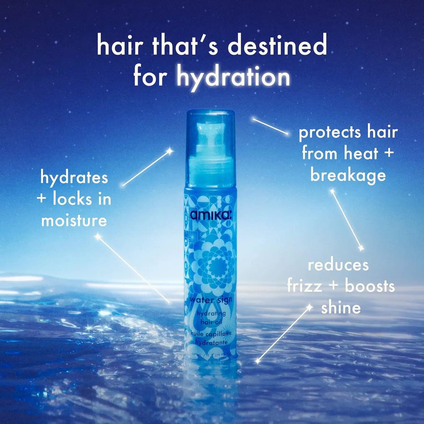 Amika Water Sign Hydrating Hair Oil bottle with blue design and Amika logo against blue backdrop on Tampa Home & Garden Store