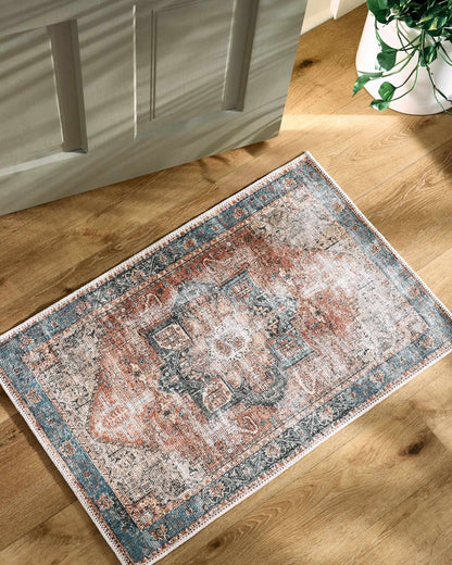 Rosman Distressed Washable Area Rug blue and rust tones Boutique Rugs on Tampa Home & Garden Store