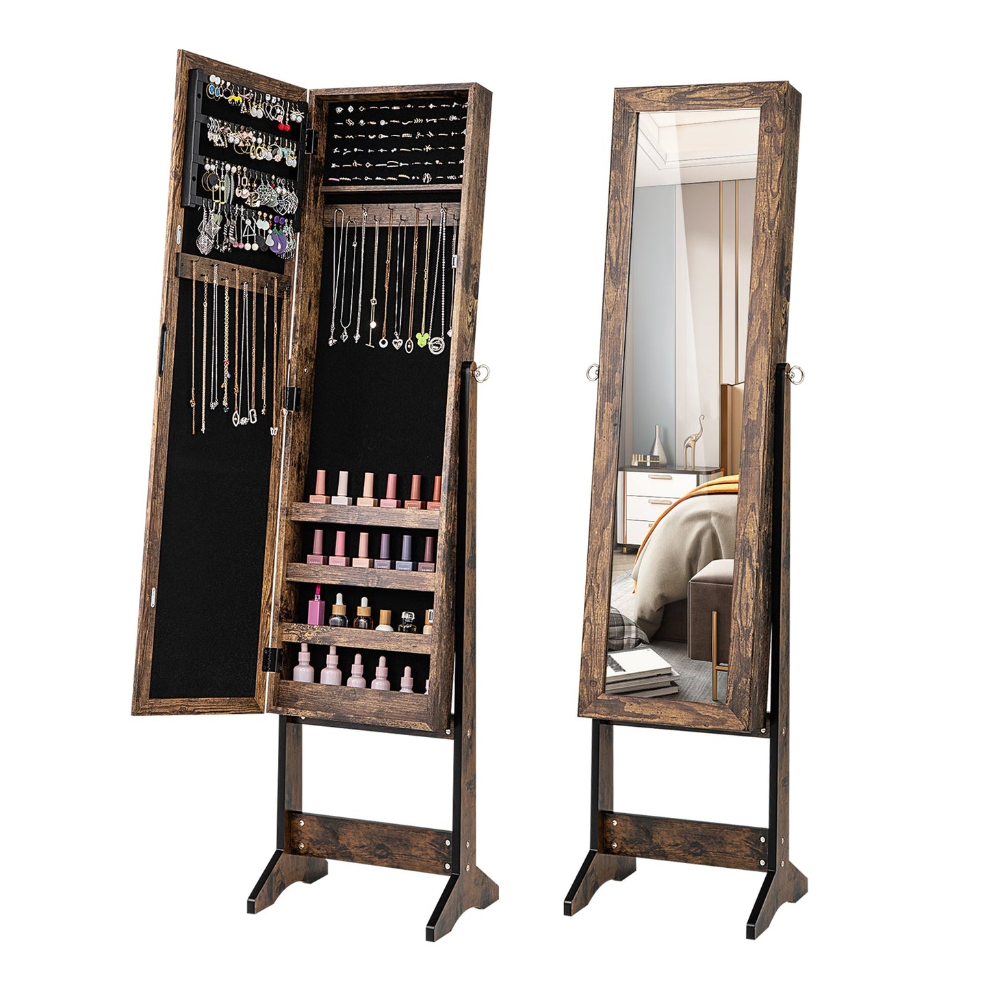 Mirrored Standing Jewelry Cabinet Storage Box-Black