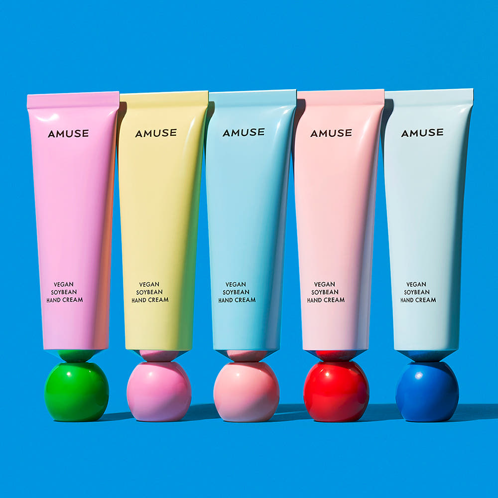 AMUSE Vegan Soybean Hand Cream 50ml five pastel tubes in pink yellow blue peach mint on Tampa Home & Garden Store