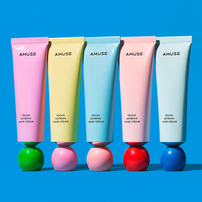 AMUSE Vegan Soybean Hand Cream 50ml five pastel tubes in pink yellow blue peach mint on Tampa Home & Garden Store