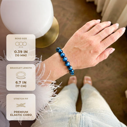 Hawk's Focus Royal Blue Tiger Eye Bracelet, 10mm beads, stretch elastic cord on Tampa Home & Garden Store