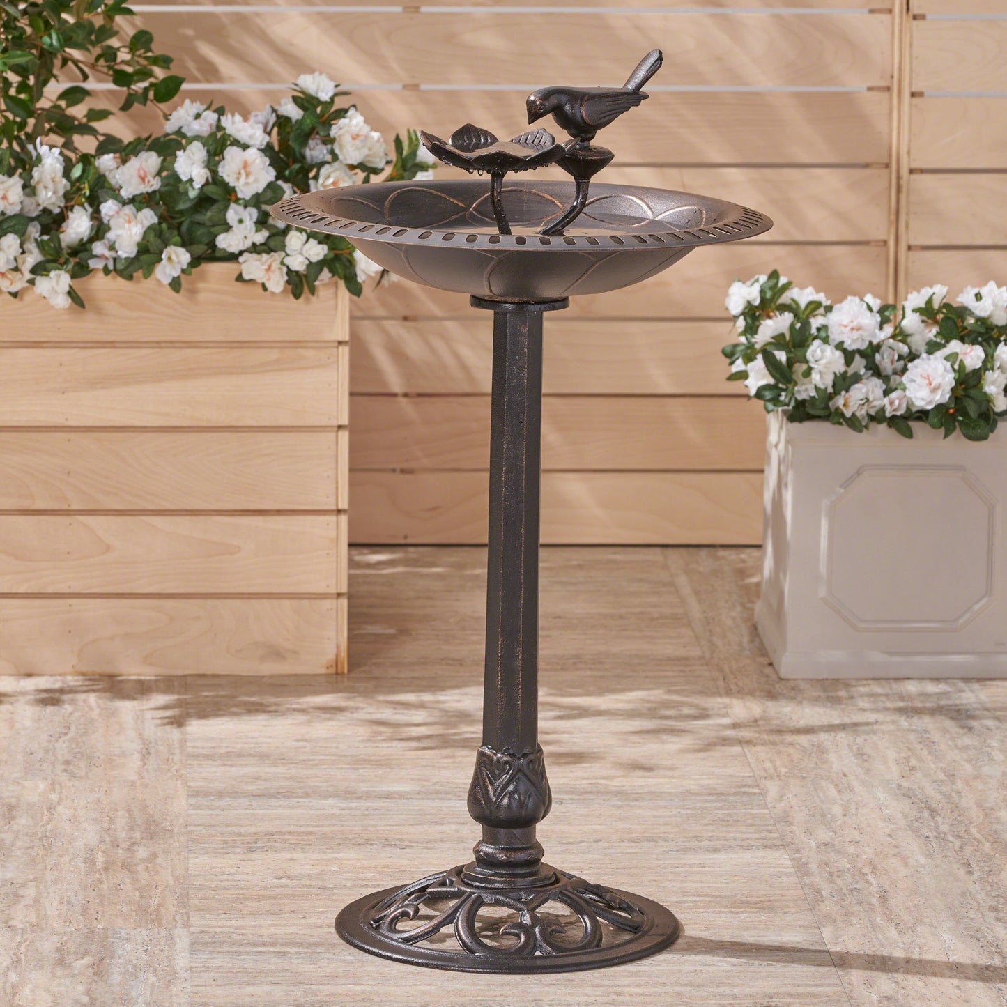 Outdoor aluminum and iron bird bath in black with decorative bird sculpture by HouseOfZazla on Tampa Home & Garden Store