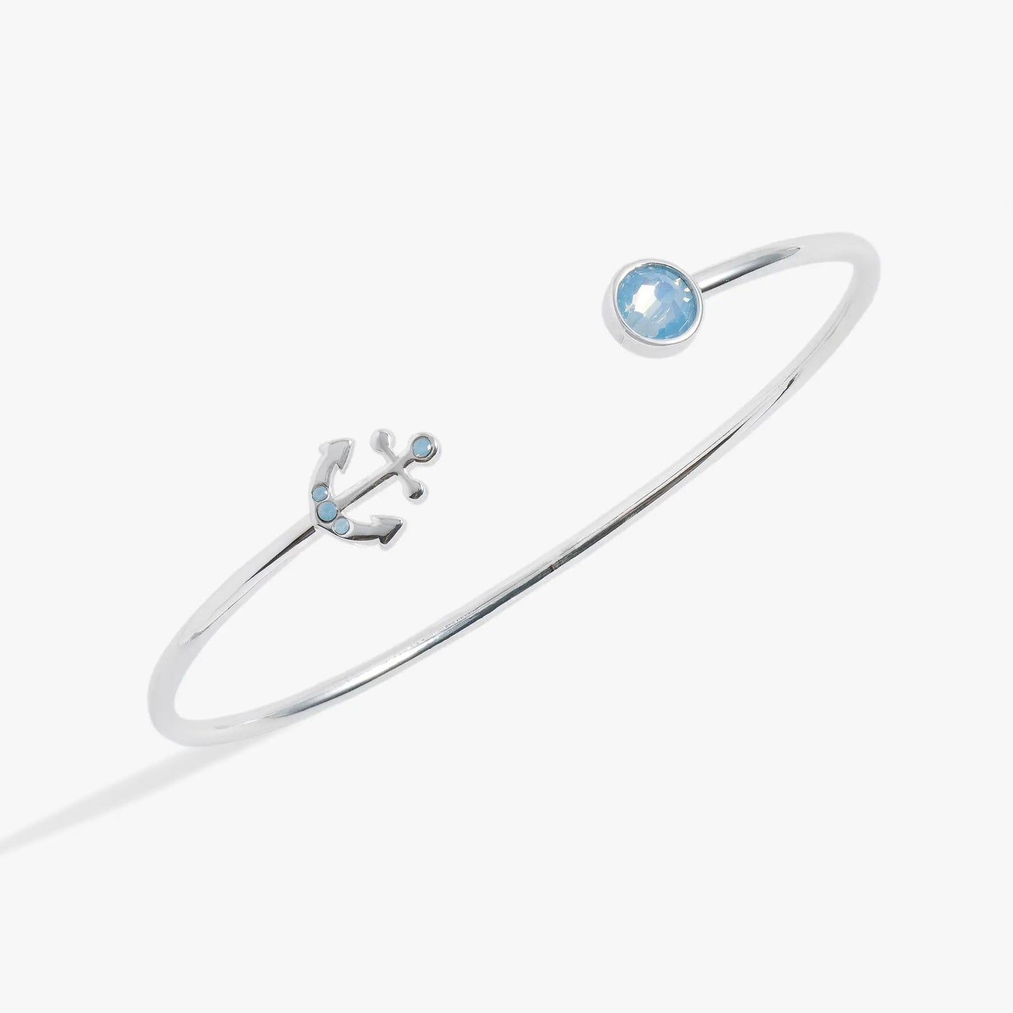 Anchor Flex Cuff bracelet by ALEX AND ANI in silver with blue anchor charm and blue gemstone end on Tampa Home & Garden Store