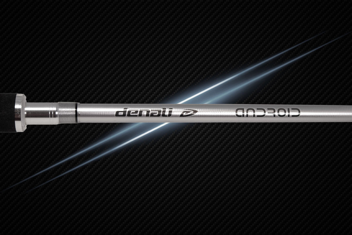 Denali Android Series fishing rod, silver rod with black grip and chrome ferrule, on Tampa Home & Garden Store