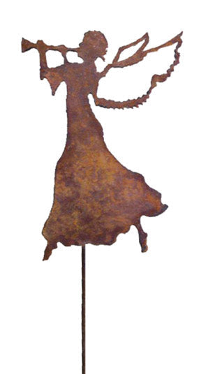 Rusty metal angel silhouette on stake with flute, Rustica Ornamentals on Tampa Home & Garden Store