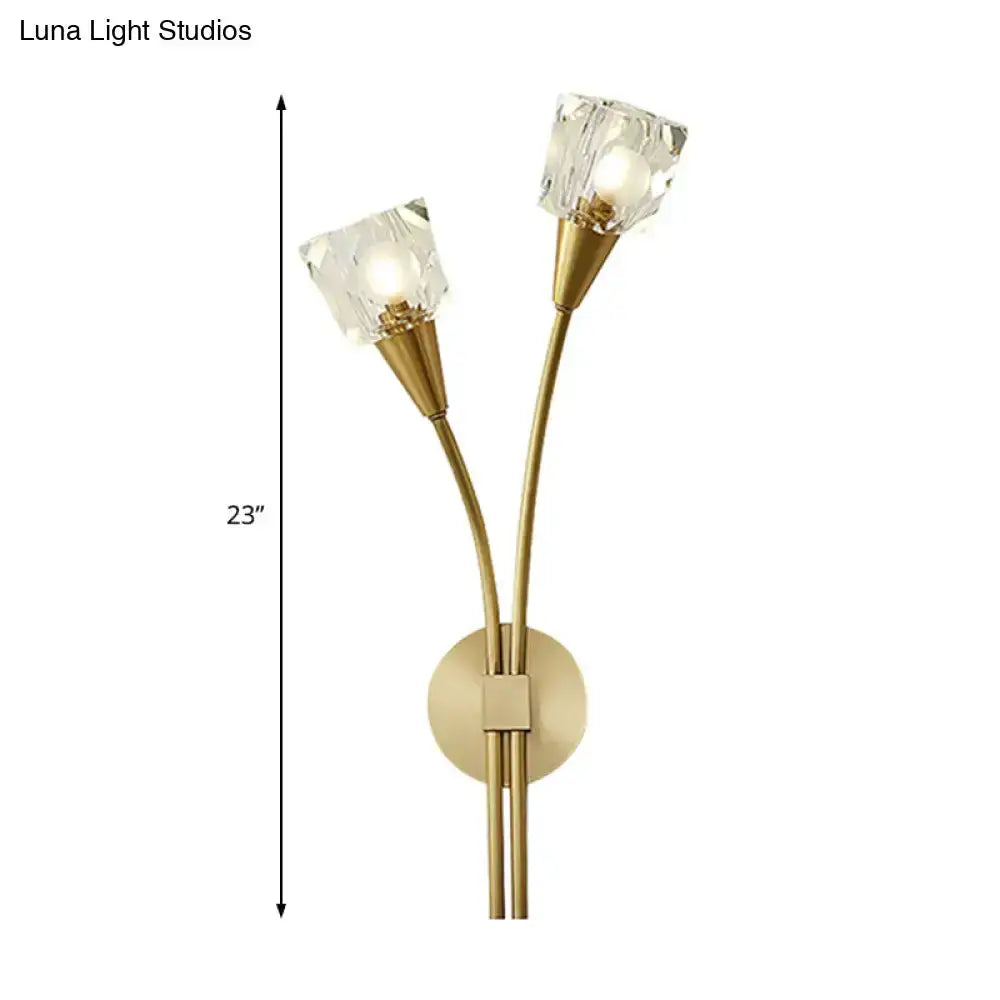 Gold-tone twin-arm wall sconce with crystal cube shades on a round base, 23 in tall on Tampa Home & Garden Store