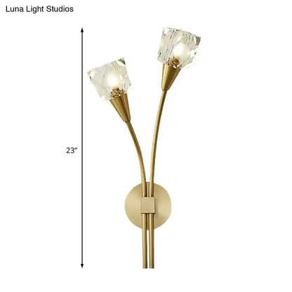 Gold-tone twin-arm wall sconce with crystal cube shades on a round base, 23 in tall on Tampa Home & Garden Store