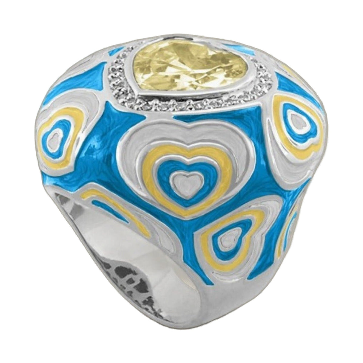 Retro Hearts Ring with blue and yellow heart-pattern bead and central yellow faceted stone on Tampa Home & Garden Store