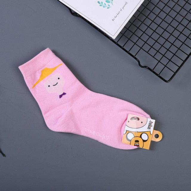 Stevvex pink anime Adventure Time crew sock, cartoon face and yellow hair, cotton unisex on Tampa Home & Garden Store