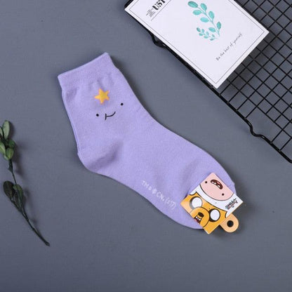 Adventure Time crew sock Stevvex lavender with yellow star and smiley face design on Tampa Home & Garden Store