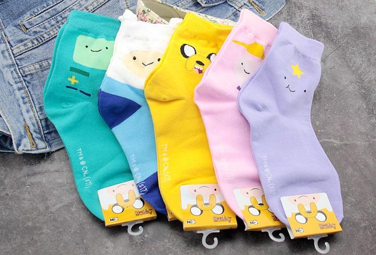 Stevvex Anime Adventure Time Crew Socks multicolor set of five cotton socks with cartoon faces on Tampa Home & Garden Store