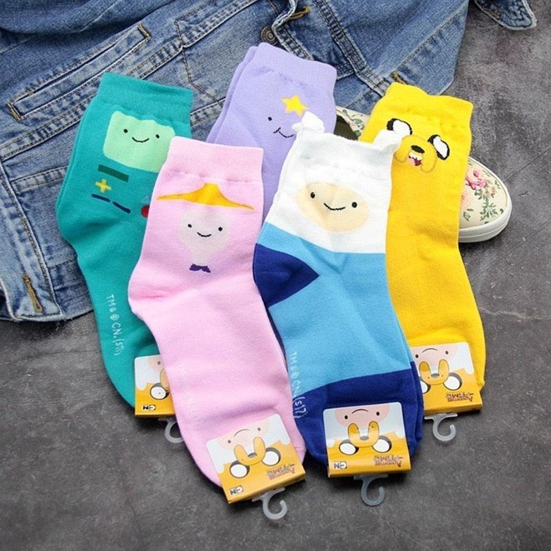 Adventure Time crew socks by Stevvex, 5 cotton socks with cartoon faces teal pink yellow on Tampa Home & Garden Store