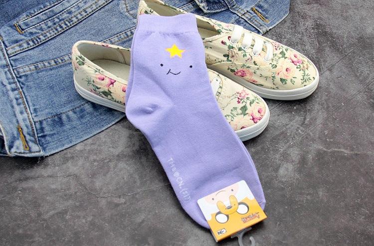 Anime Adventure Time crew socks Stevvex purple Lumpy Space Princess with star, cute face, warm on Tampa Home & Garden Store