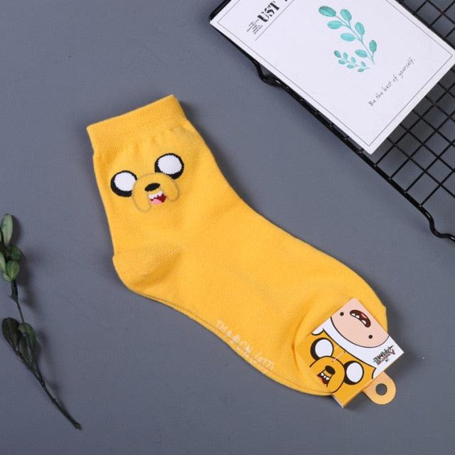 Stevvex Adventure Time yellow cotton crew socks with cartoon face design for men and women on Tampa Home & Garden Store