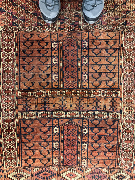 Antique Turkoman Tekke Ensi rug 4x4 ft with rust-red field and navy motifs Rugistan on Tampa Home & Garden Store